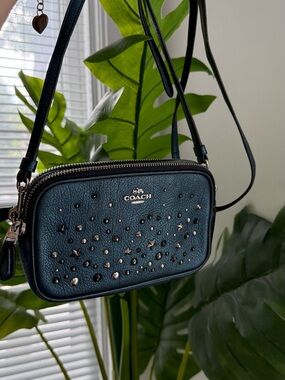 COACH Teal Pebbled Leather Studded Crossbody Bag